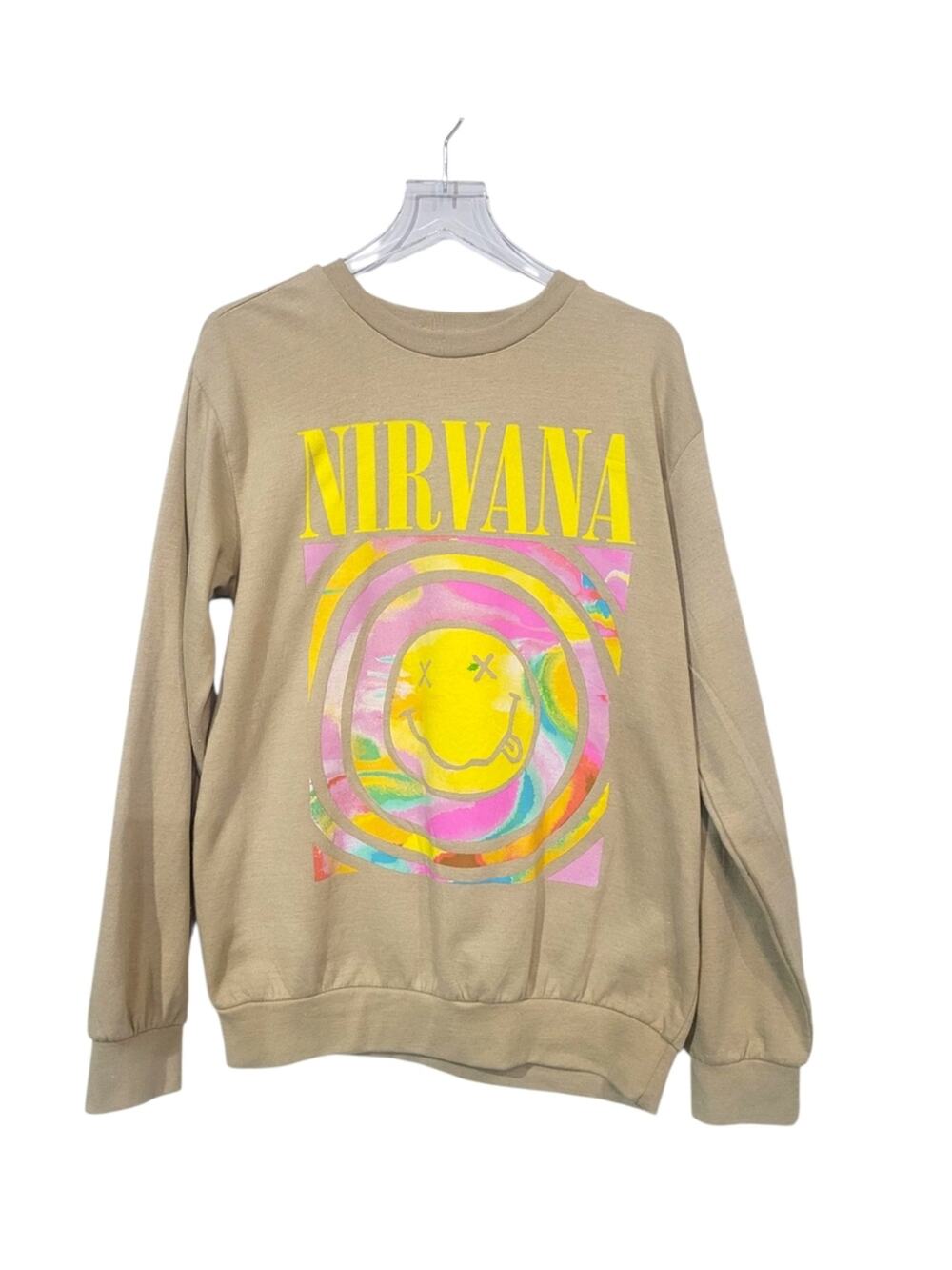 Nirvana WMS LG Graphic Sweatshirt Melting Smiley Face Psychedellic Oversized Tan